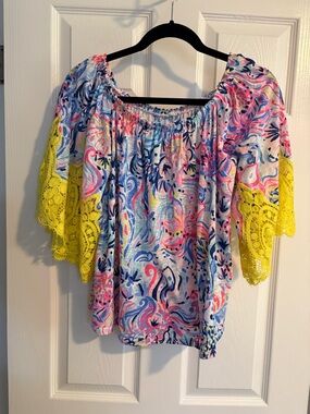 Lilly Pulitzer Multicolor Off-Shoulder Top with Yellow Lace Sleeves